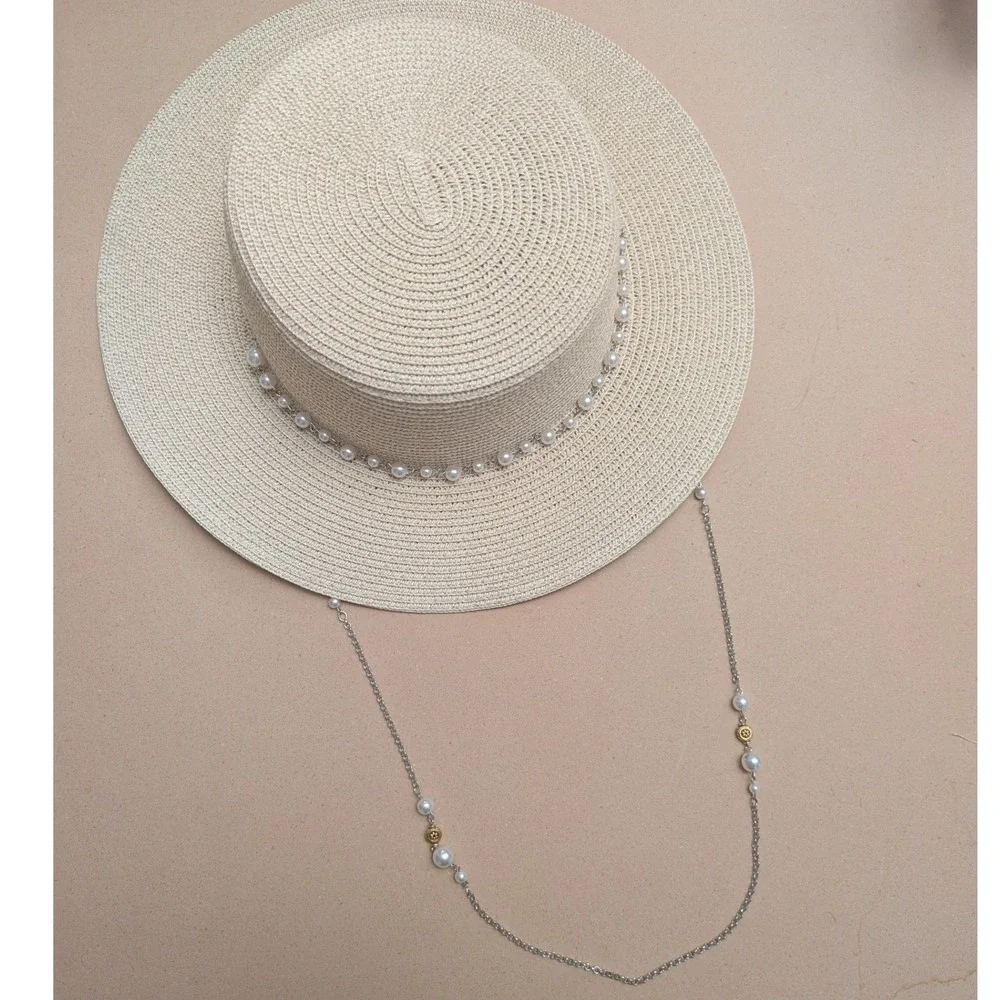 Beige Paper Straw Boater Hat Pearl‎ Trim Chain Strap Summer Beach Bridal Boho